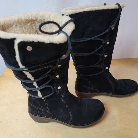 UGG SURFCAT 5158 Size 7 Leather Sheepskin Black Mid-Calf Lace Up Snow Boots - Picture 8 of 10